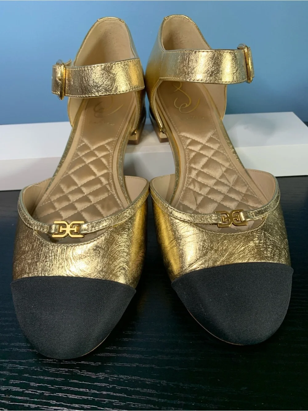 Sam Edelman Gold and Black Cap Toe Ankle-Strap Flats